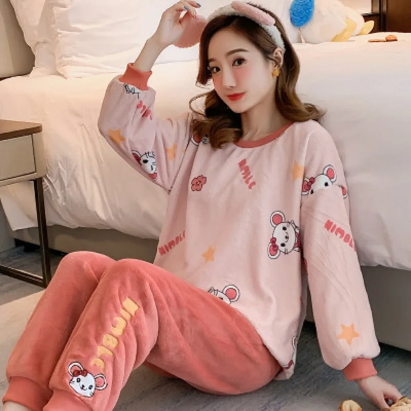 2022 Winter Pajama Women Korean Sleepwear Cute Cartoon Flannel Pajamas Set Velvet Warm Pijama Round Neck Pyjama Homewear Women