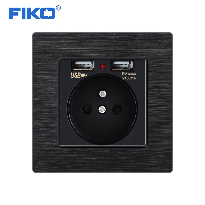 

FIKO 16a French Aluminum alloy panel Dual USB 5V 2100mA household wall power socket home installed electric outlet 86*86mm