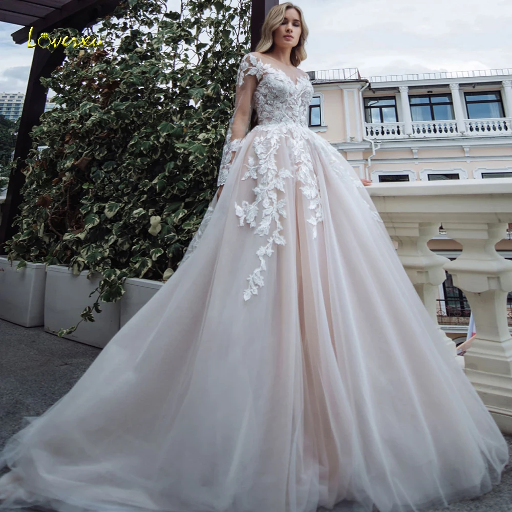 

Женское свадебное платье со шлейфом Loverxu, винтажное кружевное ТРАПЕЦИЕВИДНОЕ ПЛАТЬЕ С Длинным Рукавом и вырезом лодочкой, роскошная апплик...