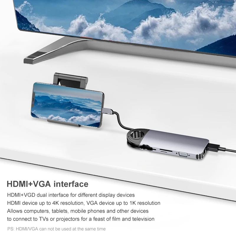 

Type C Hub, 10-In-1 Type C Docking Station to HDMI VGA Gigabit Ethernet 3 USB 3.0 SD/TF Card Reader 3.5mm, Hub Adapter