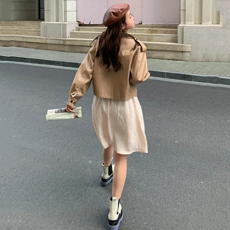 

SHENGPALAE Solid Color Streetwear PU Leather Jacket Women Autumn 2021 New Laple Slim Zipper Long Sleeve Short Coat Female 5E3095