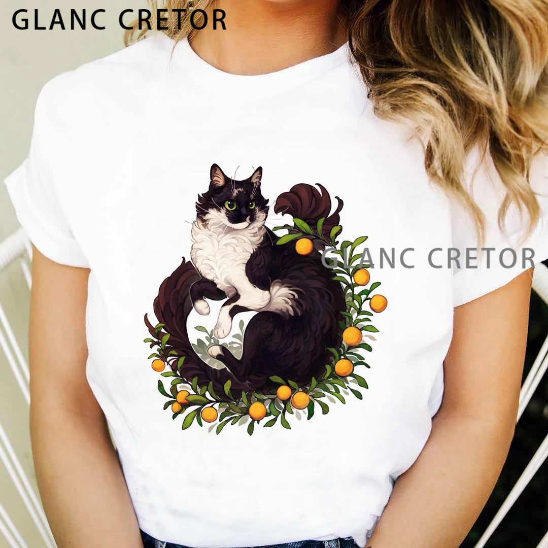 

Women Floral Flower Cat Cute Lady T-shirts Top 2021 Summer Short Sleeve T Shirt Ladies Women Graphic Female Tee T-Shirt