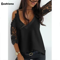 cashiona 2021 summer new patchwork lace top 34 sleeve hollow out chiffon blouse sexy v neck casual pullovers pull jersey mujer