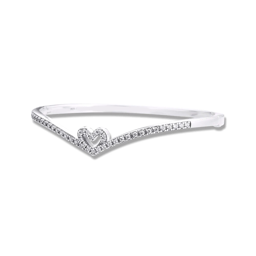 

Sparkling Wishbone Heart Bangles Argent 925 Sterling Silver Jewelry Bracelets For Women Gift Fine Jewellery Pulseras Wholesale