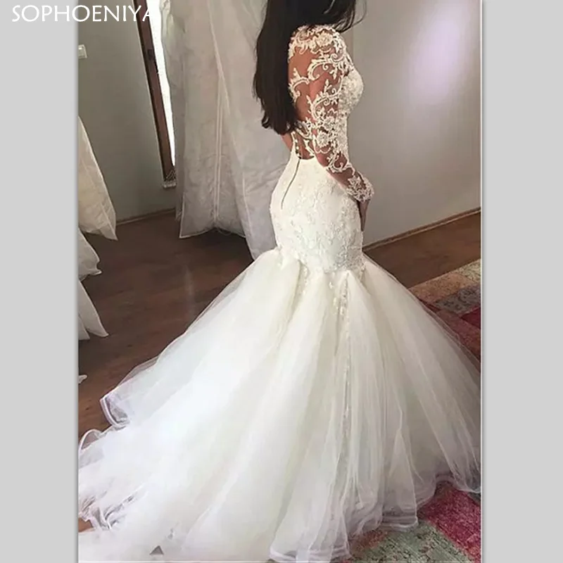 

New Arrival Mermaid V-neck Wedding Dresses Tulle Lace Beaded Bridal Dress Vestido De Noiva Dubai Arabic Wedding Gown