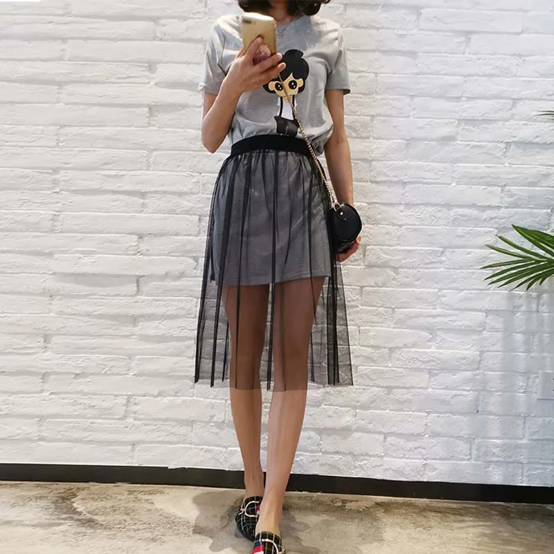 

Spring Summer Tulle Skirts Womens Casual Hot 2019 Fashion Transparent Elastic High Waist Mesh Lace Tutu Saias Jupe Women's Skirt