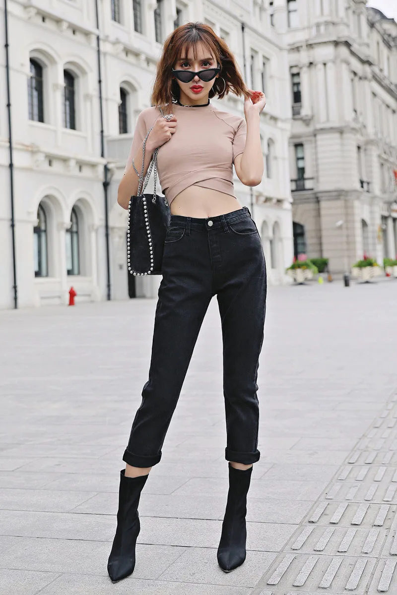

Autumn and winter new street fashion high waist wash casual skinny jeans women, Women's wild slim elastic feet cropped jeans