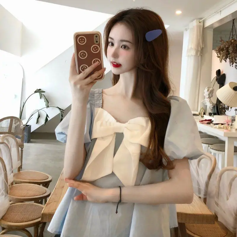 

Blouse Women Puff Sleeve Bow Maiden Solid Color Simple Loose Girl Students Clothing Korean Style Casual Fashionable Daily Street