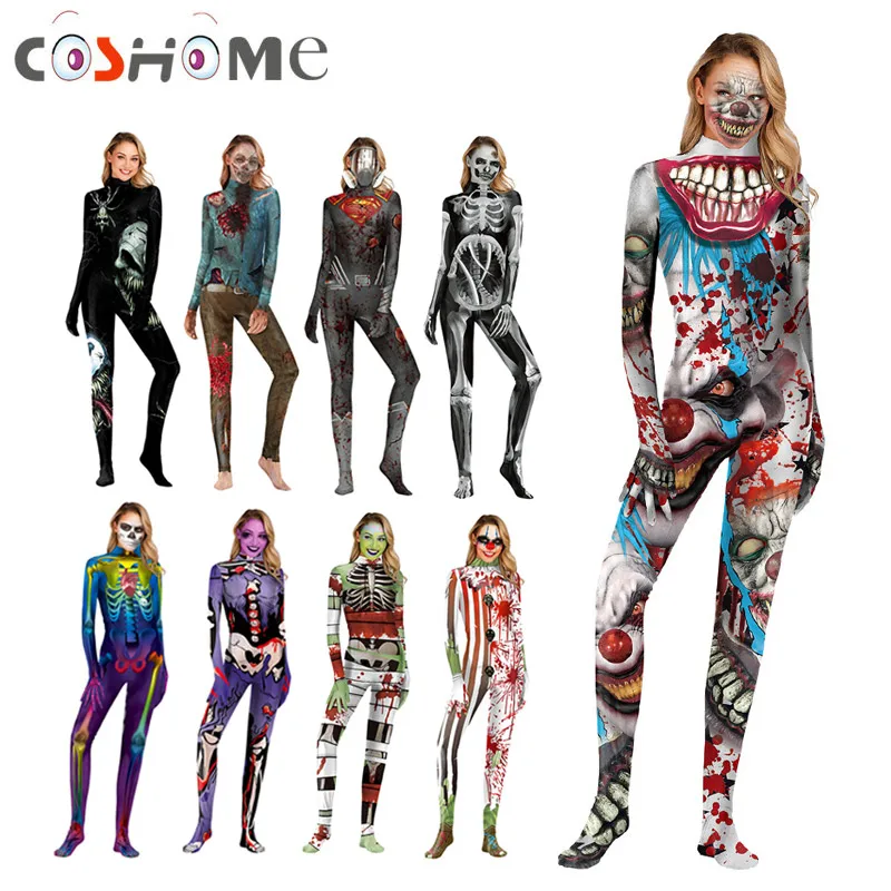 Женские Боди на Хэллоуин вечерние костюмы с 3d-черепом и призраком страшный клоун