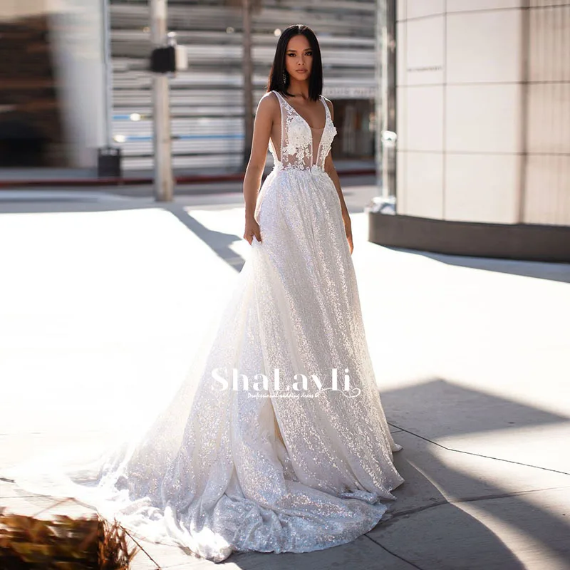 

Luxury Wedding Dress Elegant Multi-layer Lotus Leaf Yarn V-neck Beading Wedding Gowns Crystal Lace Up White Vestido De Noiva