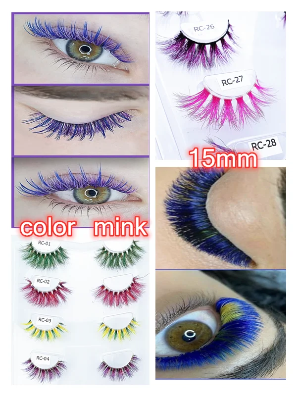 

New 15mm color mink 3D False Colored Eyelashes Natural Real Mink fluffy Style Eye lash Extension Makeup Cosplay Colorful Eyelash
