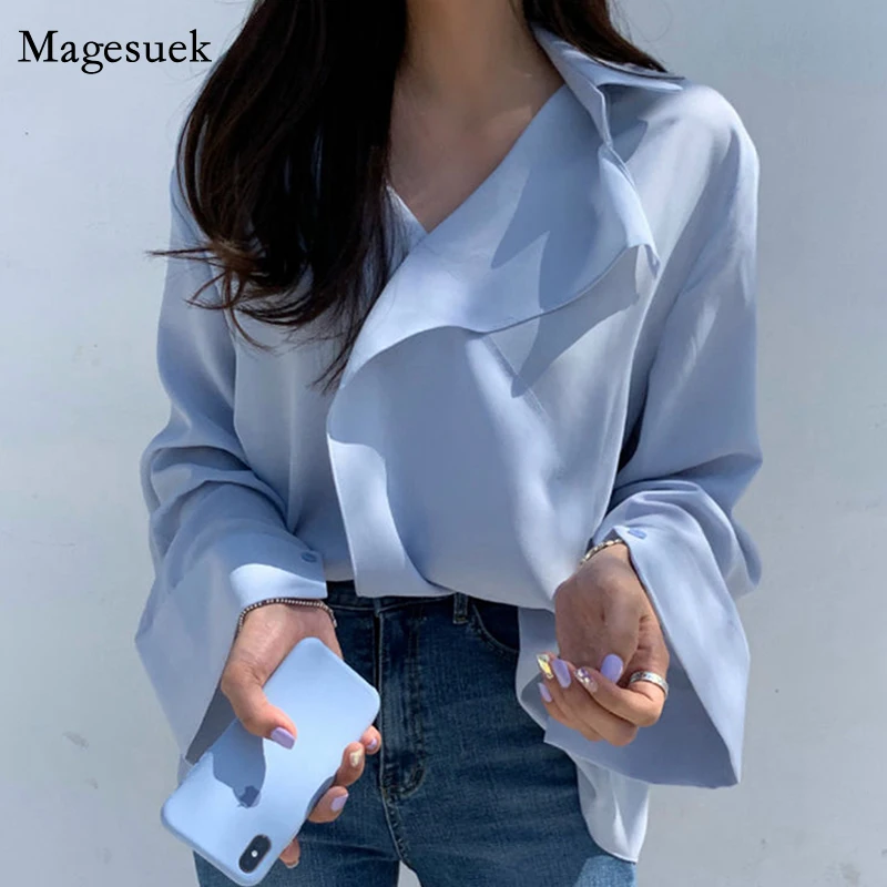 

New Spring Chic V Neck Cross Design Chiffon Shirt 2021 Korea Long Sleeve Blue Blouse Women Casual All-match Loose Tops 13893