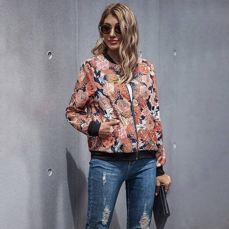 

Autumn Zipper Full Sleeve O-Neck Print Woman Jackets Coat