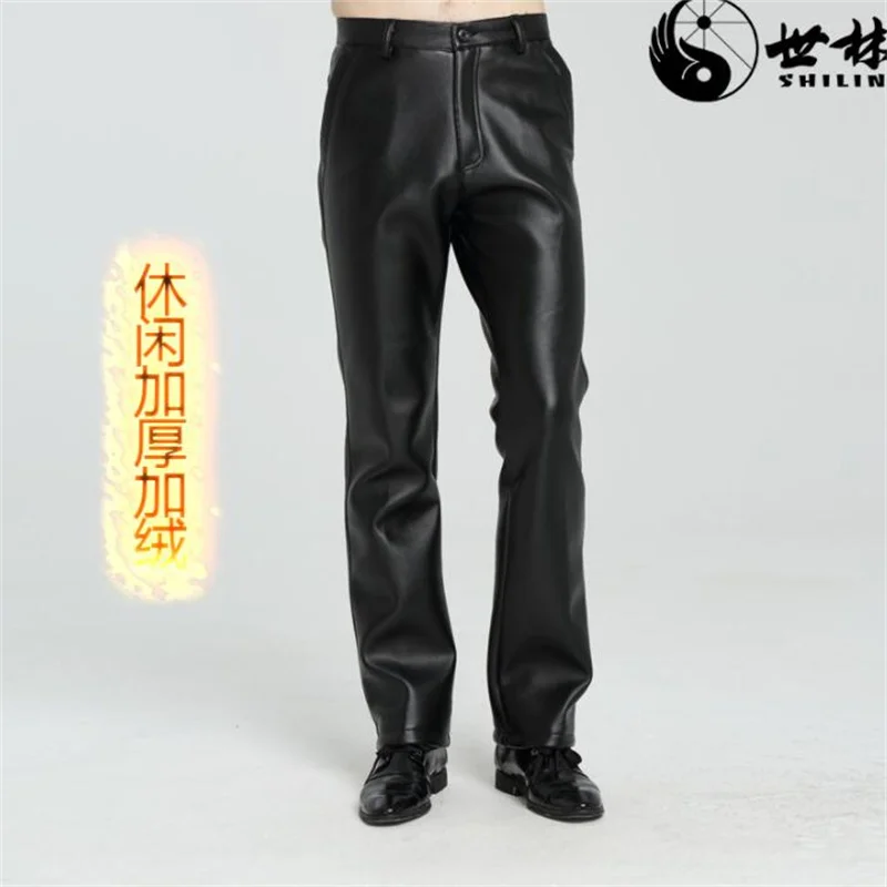 Motorcycle leather pants men fur one plus velvet trousers thick 2021 autumn winter new middle-aged casual waterproof loose black