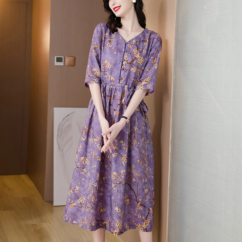 Винтажное платье с цветочным принтом и коротким рукавом, женская одежда, Новинка весна-лето 2022, свободное платье из хлопка и льна на шнуровке D1400 Винтажное платье с цветочным принтом и коротким рукавом, женская одежда, Новинка весна-лето 2022, свободное платье из хлопка и льна на шнуровке D1400