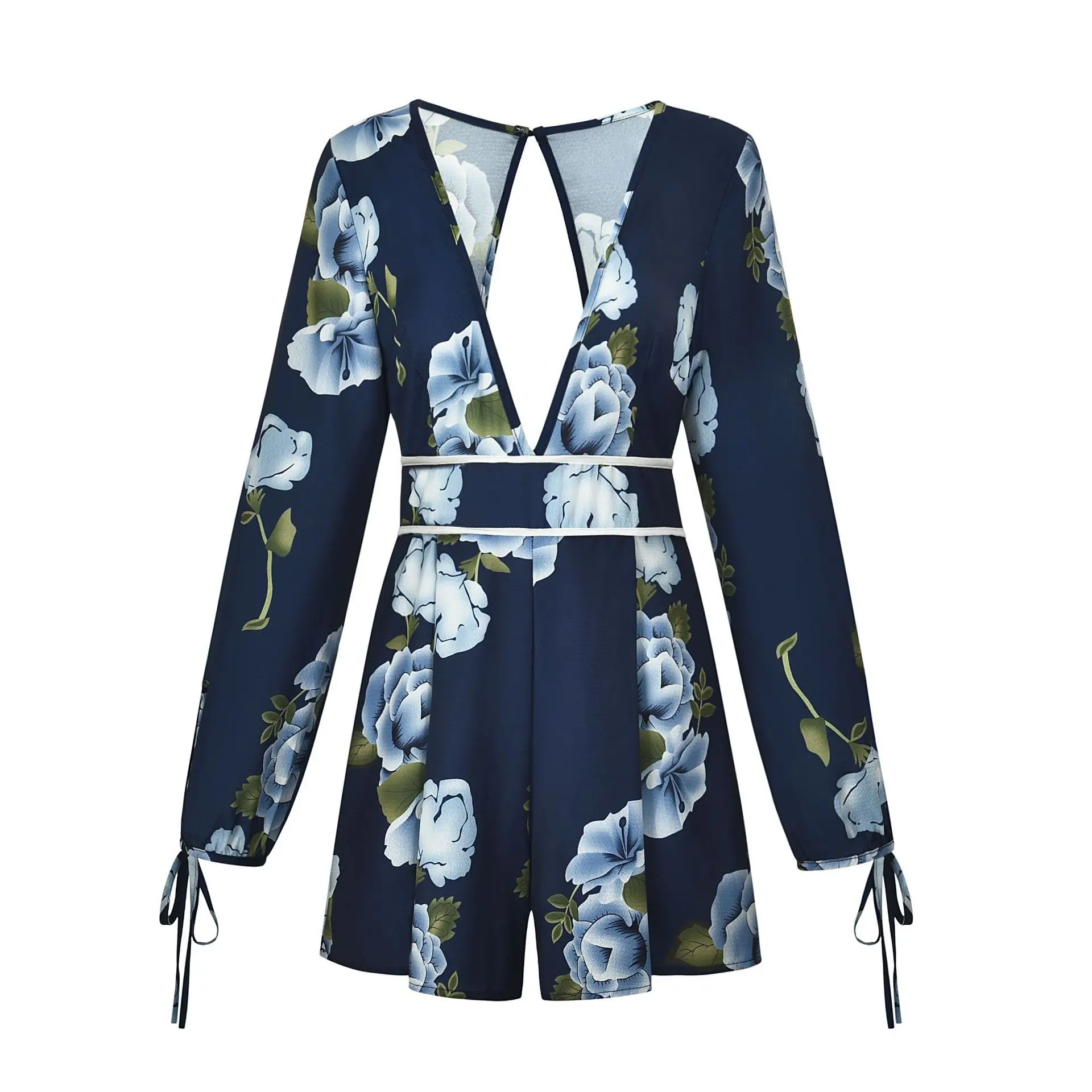 

2021 summer new fashion sexy V-neck open back printed long-sleeved one-piece shorts skirt loose version all-match