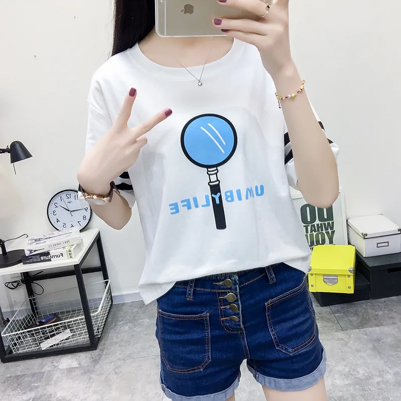 

Женские хлопковые футболки в стиле Харадзюку, футболка с круглым вырезом и принтом лупы, новинка весны 2020, женские Забавные топы в японском ...