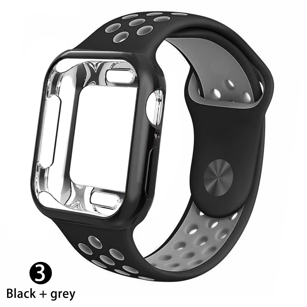 Чехол+ ремешок для apple Watch 5 ремешок 42 мм 38 мм 40 мм 44 мм спортивный силиконовый браслет для apple iwatch series 5 4 3 2 1 Аксессуары - Цвет ремешка: Black    grey