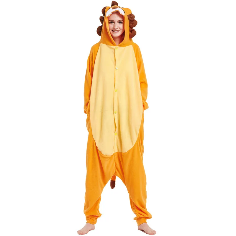 Lion Kigurumis Unisex Adult Onesie Animal Pajama Jumpsuit  Orange Funny Overalls Couple Festival Party Suit Polar Fleece