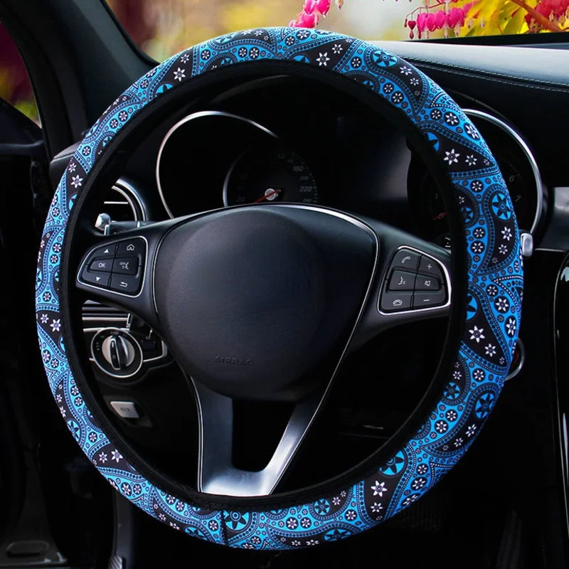 

Bohemian Floral Print Steering Wheel Cover 38cm Without Inner Ring Elastic Band Protective Cover Handbrake Shift Cover Car Shape