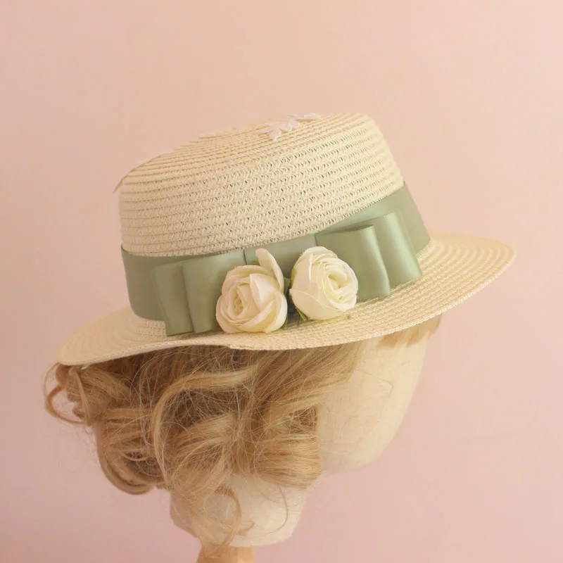 Lolita Flower Elegant Princess Bow Ribbon Summer Straw Hats Women's Beach Sun Hat Japanese Mori Girl Kawaii Hanmade Cap |