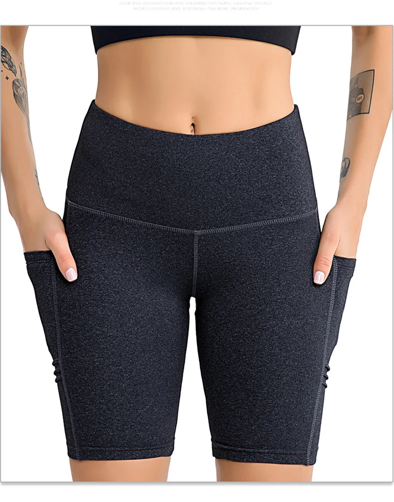 Hemp grey Шорты для йоги, одежда для спортзала, женская одежда для фитнеса с карманом, для занятий спортом, для тренировок, эластичные короткие леггинсы для тренировок, женские обтягивающие леггинсы для бега - Цвет: Hemp grey