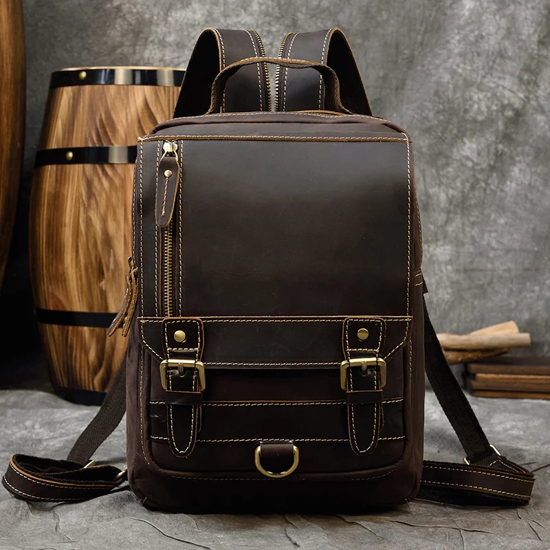 Luufan 100% Genuine Leather Men's Backpack Book bag For Teenager Rucksack Retro Crazy Horse Leather Causal Sling Chest Bag