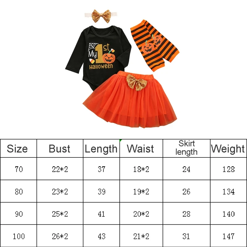

Baby Halloween Costume Boy Girl Outfit Pumpkin Tutu Dress Romper Bodysuit Jumpsuit Headband Toddler Shoes Set