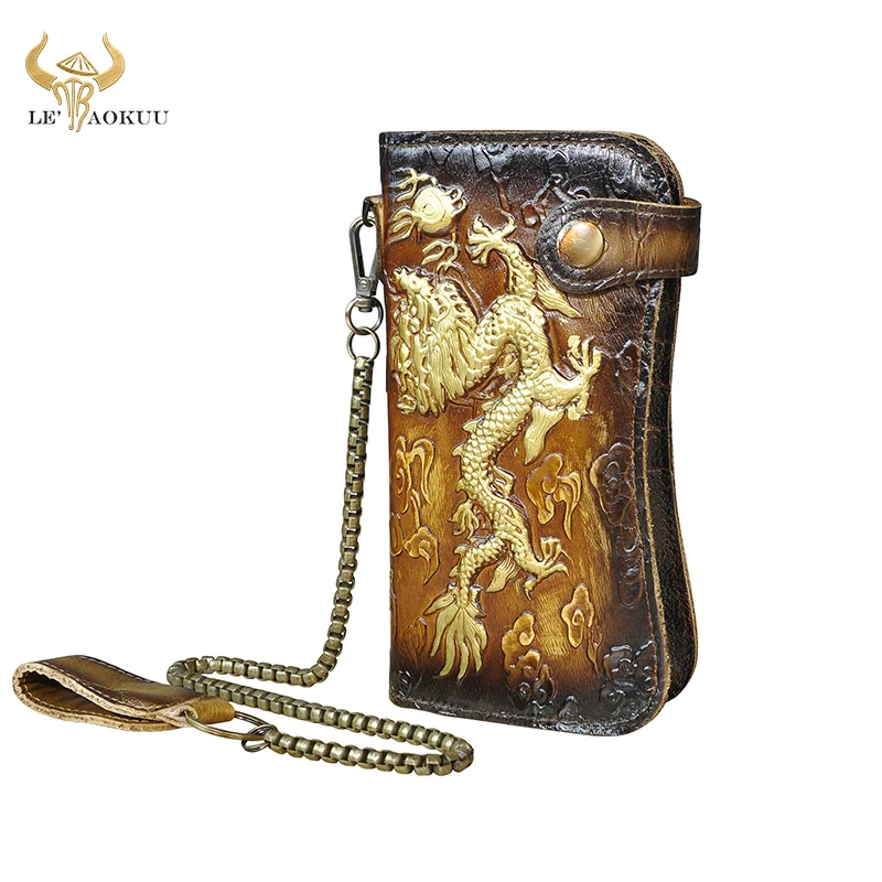 

Hot Sale Luxury Male Top Quality leather Design Dragon Emboss Checkbook Iron Chain Organizer Wallet Purse Clutch Handbag 1088