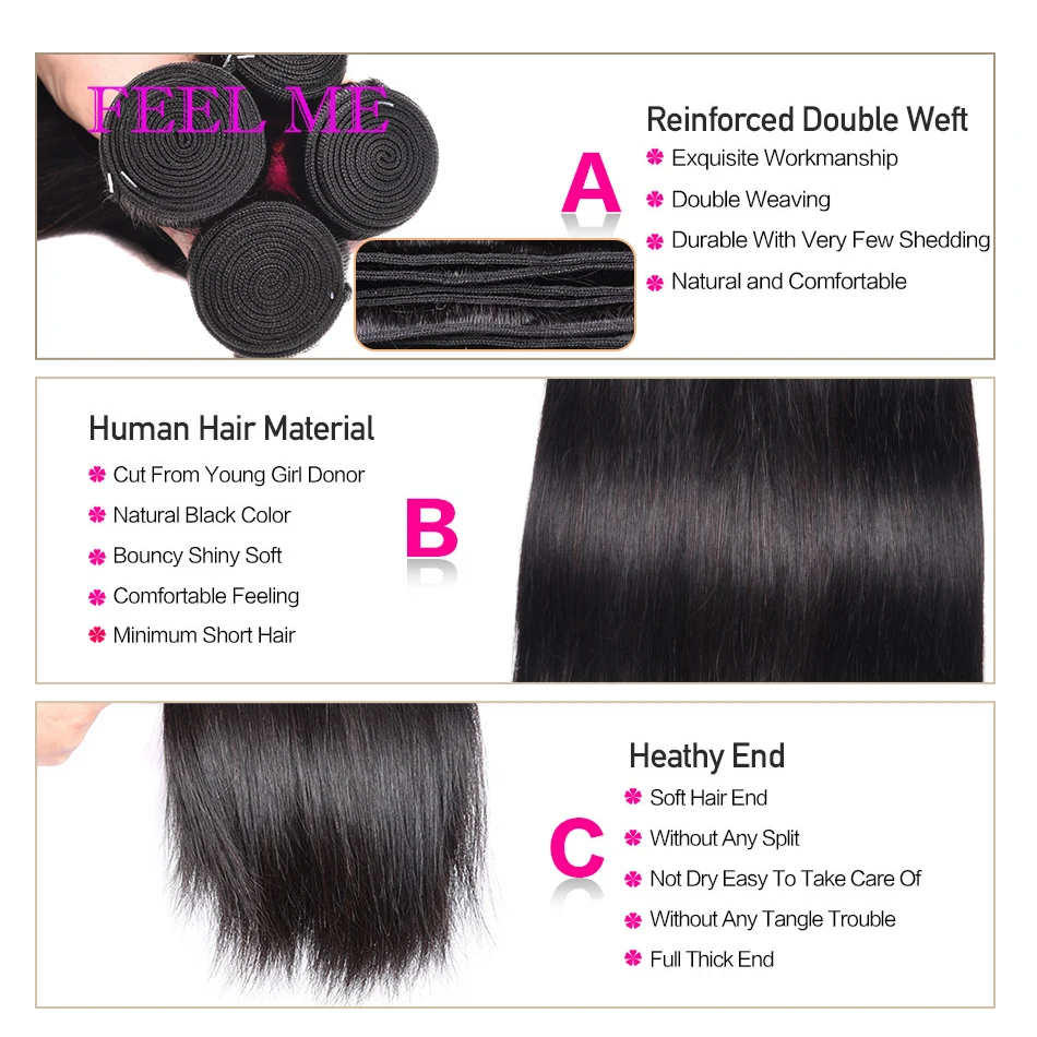 FEELME Straight Hair Bundles Malaysian Human Weave Remy Weaves Sew In Extension 3/4 Deal | Шиньоны и парики