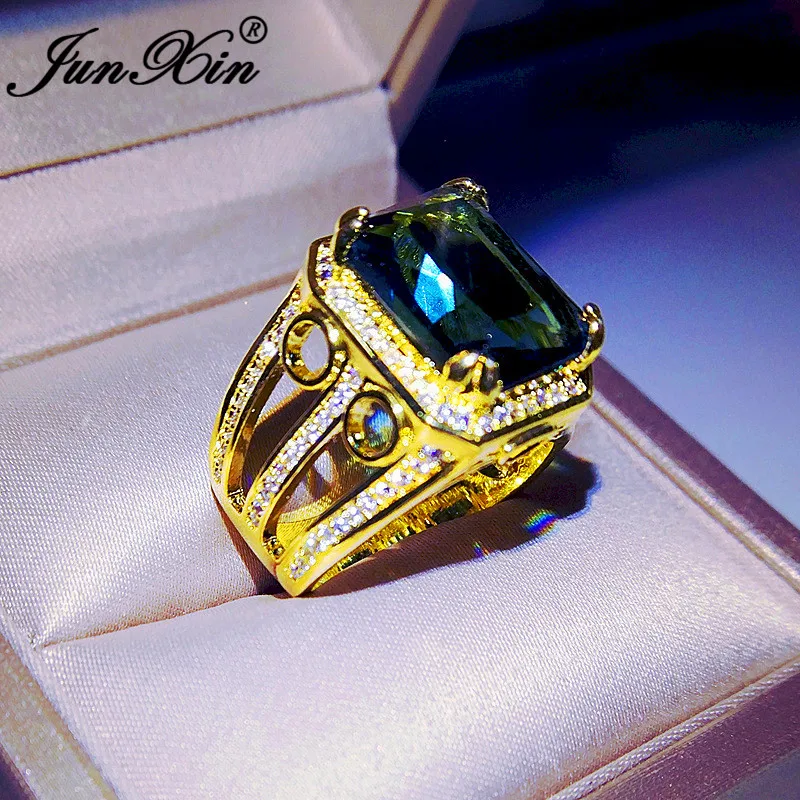 Luxury Geometric Square Crystal Yellow Gold Rings For Women Men Big Blue Stone Wedding Bands Engagement Ring Promise Jewelry CZ | Украшения