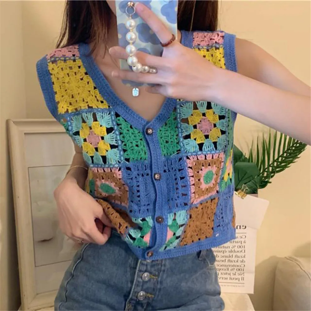 Bohemian Floral Embroidery Crochet Vest Women Sleeveless Waistcoat Summer Knit Vests Crop Top Vintage Chaleco Mujer | Женская одежда