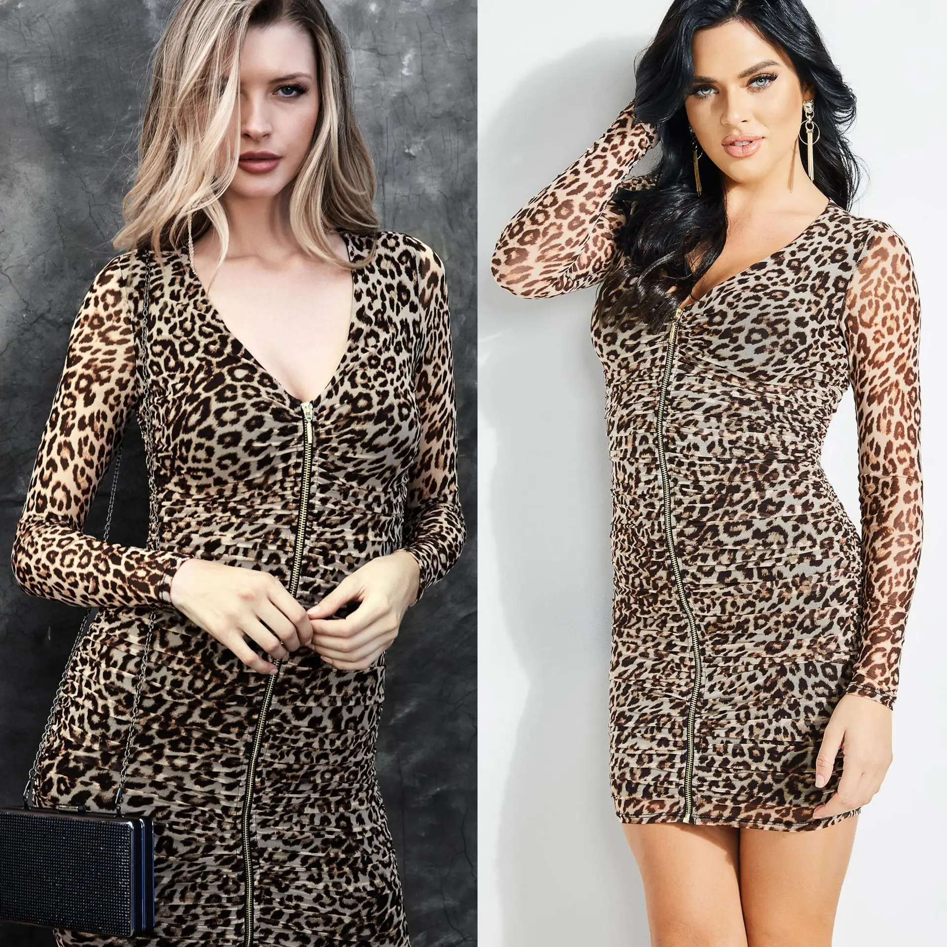 2019 женское сексуальное мини-платье с длинным рукавом на молнии леопардовым