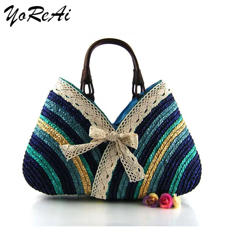 

YoReAi Summer Handmade Bags for Women Vacation Color Stripes Straw Bag Handmade Woven Basket Lace Tote Handle Lady Handbags