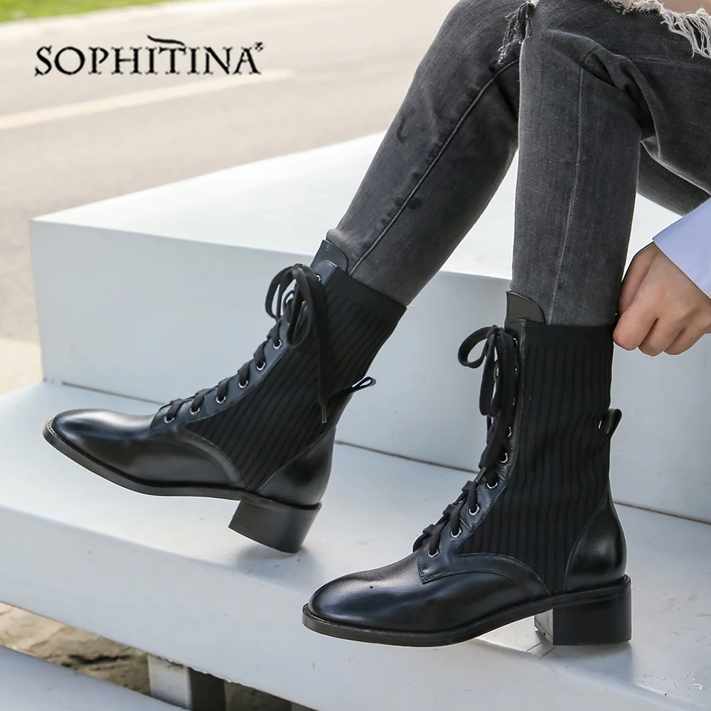 

SOPHITINA Special Design Boots Handmade High Quality Genuine Leather Comfortable Square Heel Round Toe Fashion Lace-Up Shoes New