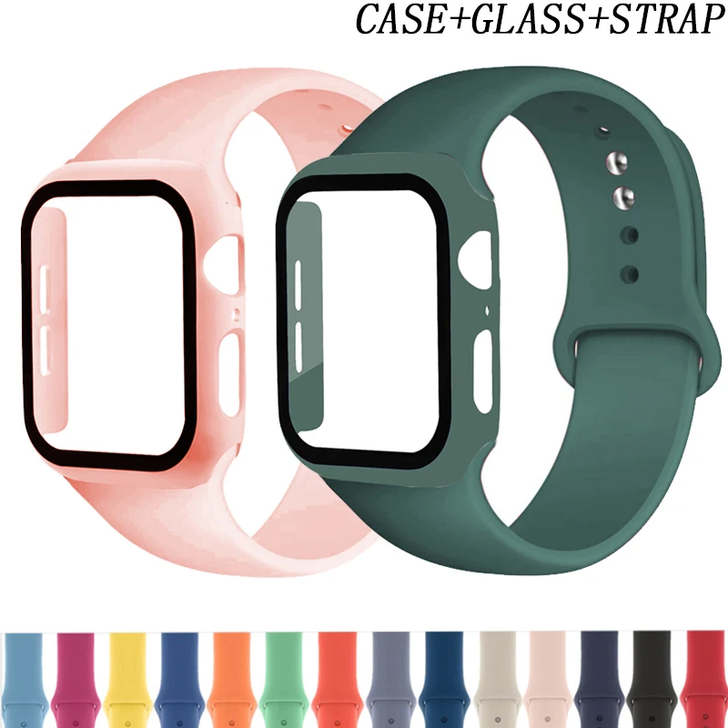 

Strap For Apple Watch band 40mm 44mm 38mm 42mm Silicone bracelet Case+Glass+Strap belt correa for Apple watch Series 3 4 5 6 SE
