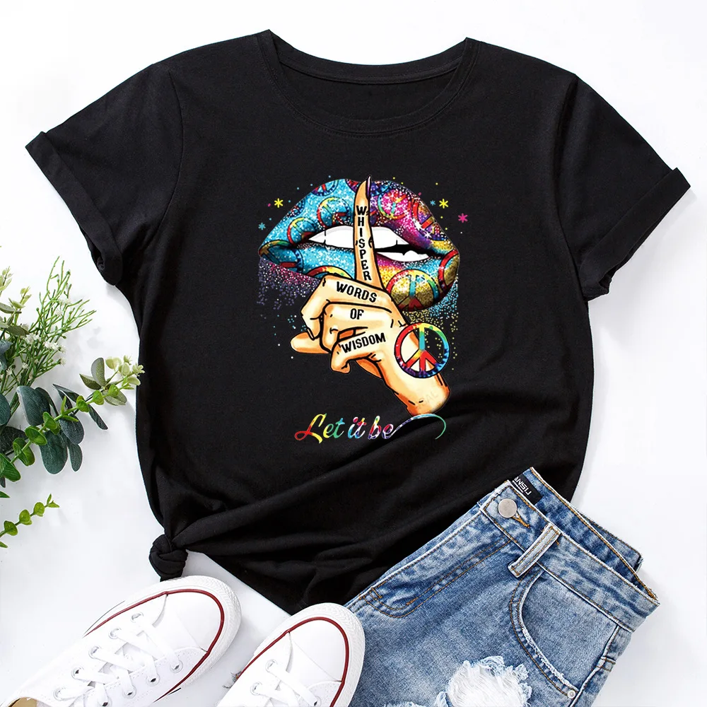 

Summer Fashion Shirt Lips Colorful Graphic T Shirt Women Tops S-5XL Base O-neck Pink Tees Rainbow Lip Funny Girls Tshirt
