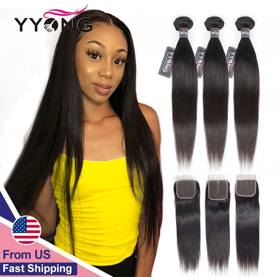 Yyong Peruvian Straight Hair 3/4 Bundles With Closure Closures With Bundles Bone Straight Human Hair Bundles With Lace Closures