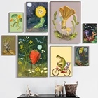 Винтажный плакат, рисунок лягушки, езды на велосипеде, Художественная печать, гриб, клубника, цветок, Одуванчик, Настенная картина для ванной, холст, живопись, домашний декор