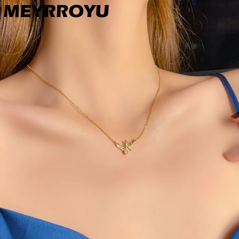 

MEYRROYU Stainless Steel Fashion Electrocardiogram Necklace For Women Niche Design Love Pendant Zircon Clavicle Chain Jewelry