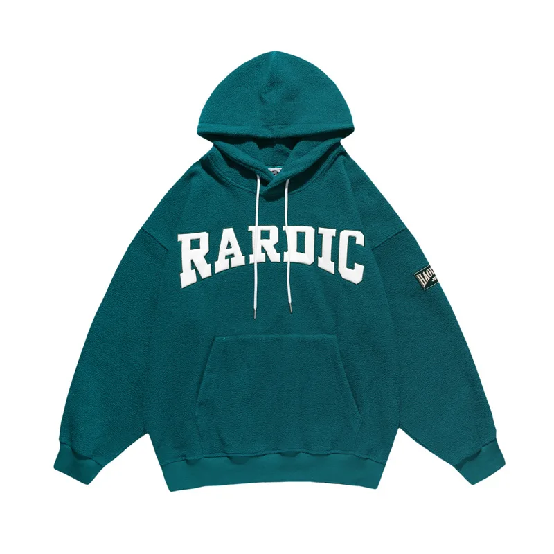 

2021 Leather Letter Embroidery Polar Fleece Kpop Hoodie Men Hip Hop Pullover Retro Green Women Hooded Sweatshirt Casual Outwear