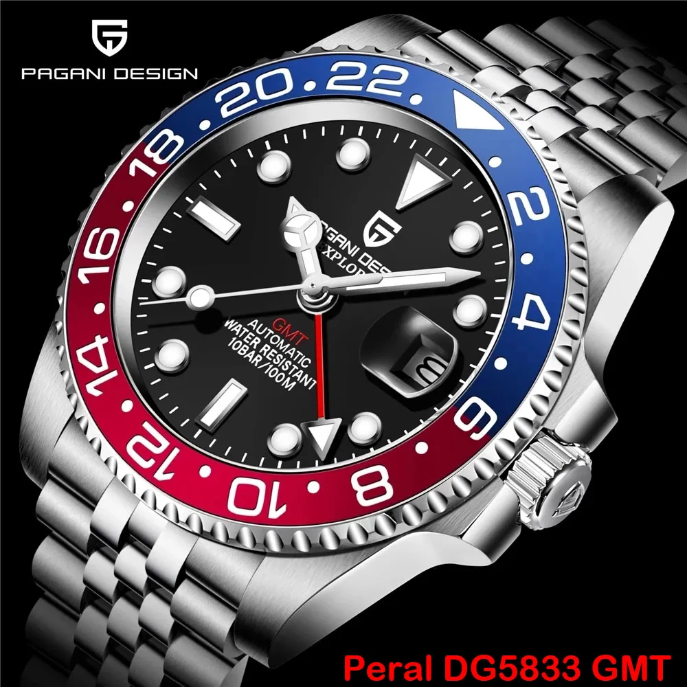 

PAGANI DESIGN GMT Waterproof 100M Men Business Wristwatch Stainless Steel Ceramic Bezel Man's Clock Mechanical Automatic Watches