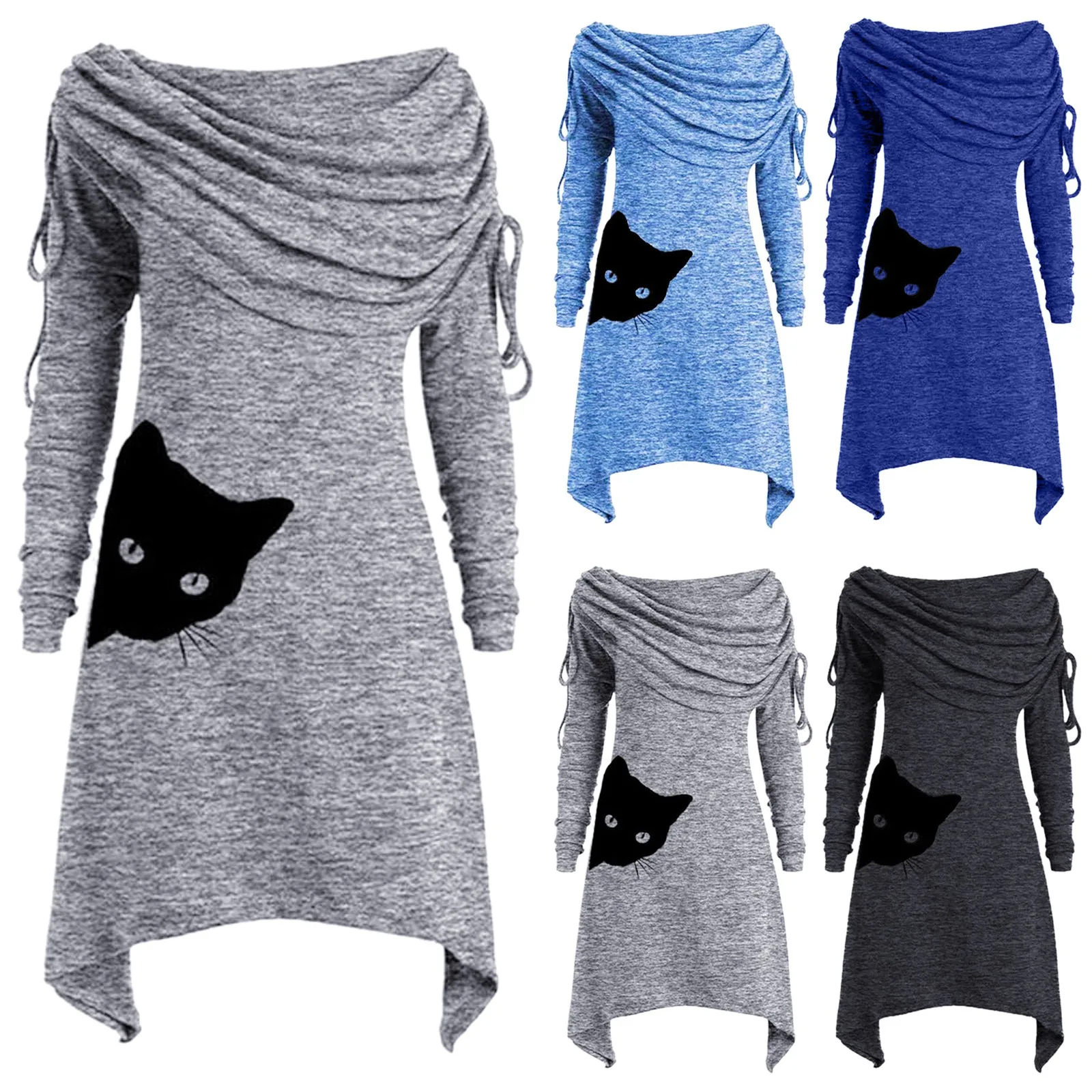 

Женское платье с круглым вырезом, Повседневное платье в стиле бохо с принтом кота и воротником-шарфом, платье с асимметричным подолом, новин...