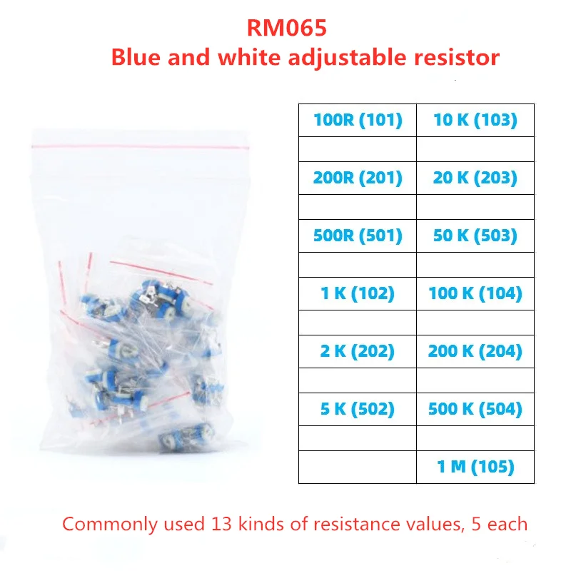 

100R-1m, 13 Kinds, 5 Each Horizontal Blue And White Adjustable Resistor Package Potentiometer Package