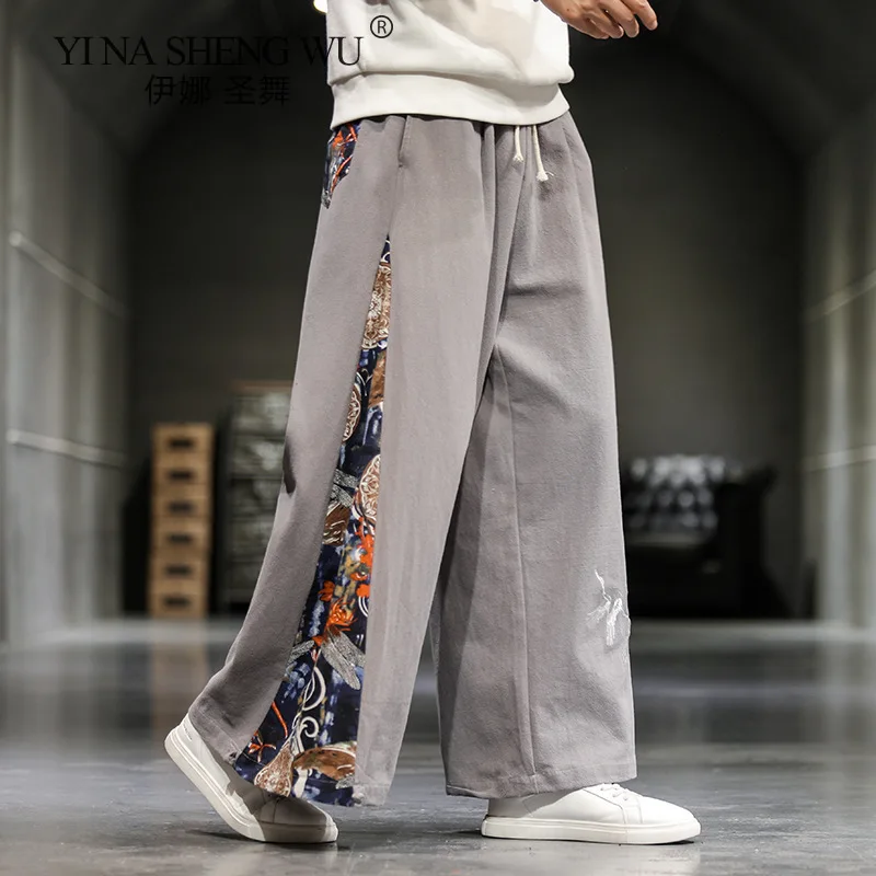 

Брюки Kinono мужские с широкими штанинами, хлопково-льняные винтажные штаны в китайском стиле, с пэчворком, модные султанки для отдыха, на лето