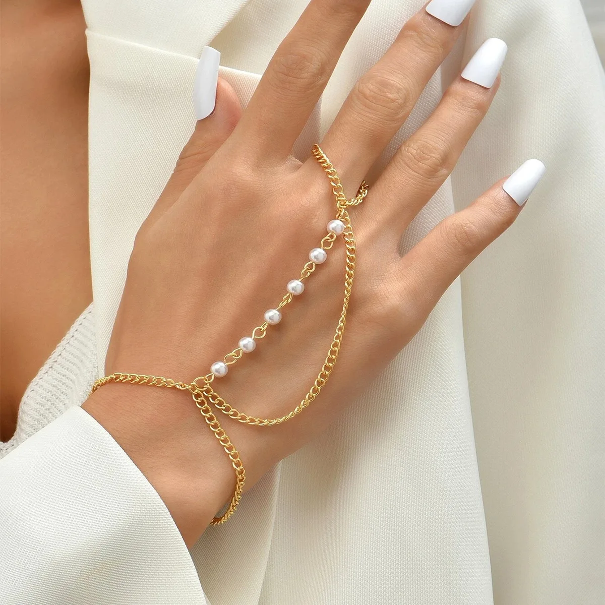 

New Bohemian Pearl Chain Ring Bracelet Set for Women Bracelets on hand Women's Charm Bangle Jewelry Gift