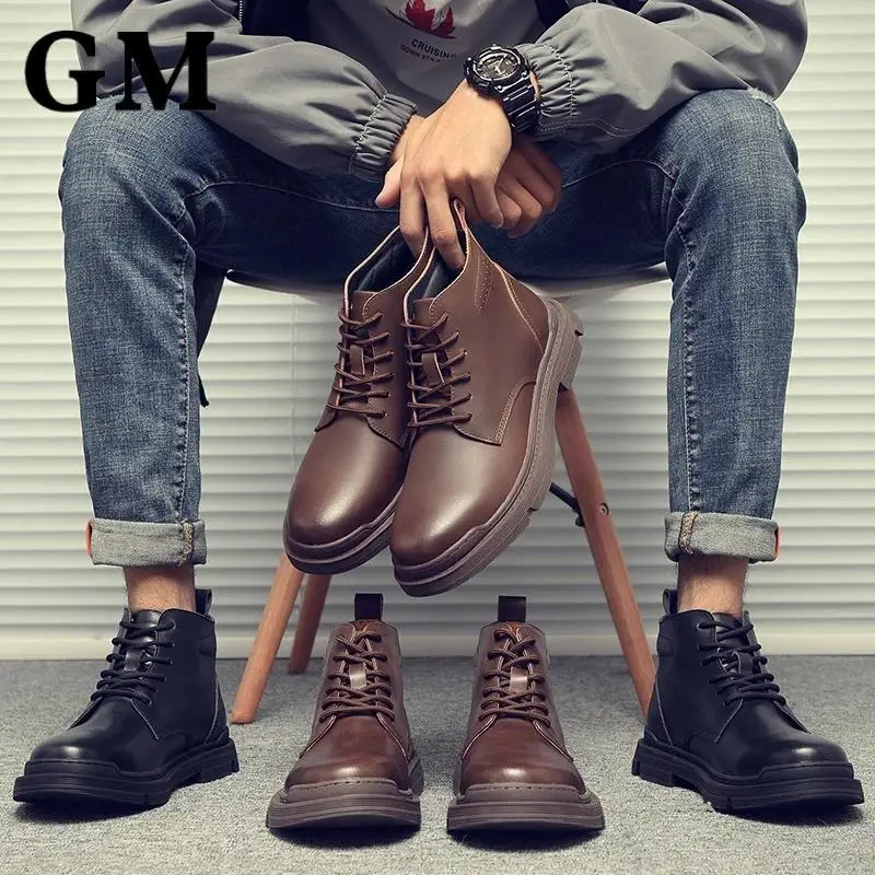 

2020 Winter Boots Men Classic High Top Ankle Boots Vintage Motorcycle Thick Plush Male Snow Boots Outdoor Work Shoes Size 38-48