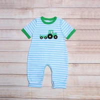 summer clothes boy green cuffs blue striped short sleeve green tractor embroidery pattern baby rompers