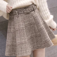 autumn wool plaid short skirt skorts high waist belted a line skater skirts