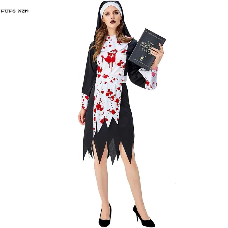 

Bloody Women Nun Cosplay Female Halloween Sister Mother Costumes Purim Carnival Masquerade Nightclub Scary Role play party dress